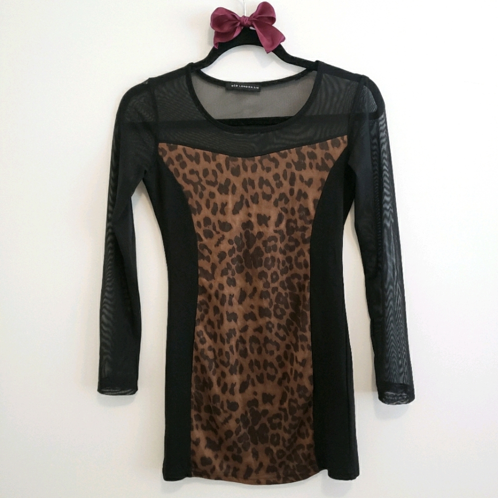 NWOT Black Animal Print Long Sleeve Mesh Dress Coquette Sheer Host Pick🩶